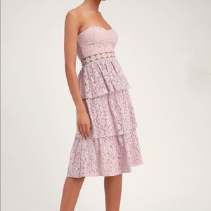 LULU’S- adorn lavender lace strapless midi dress